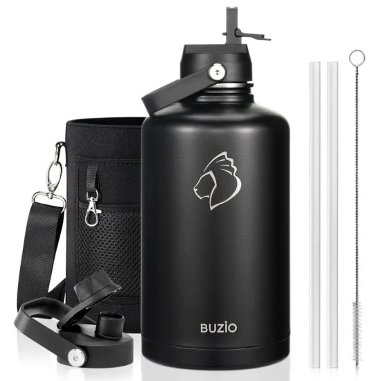Buzio Duet Series Water Bottle with 2 Lids and Sleeve 2.5L - Black